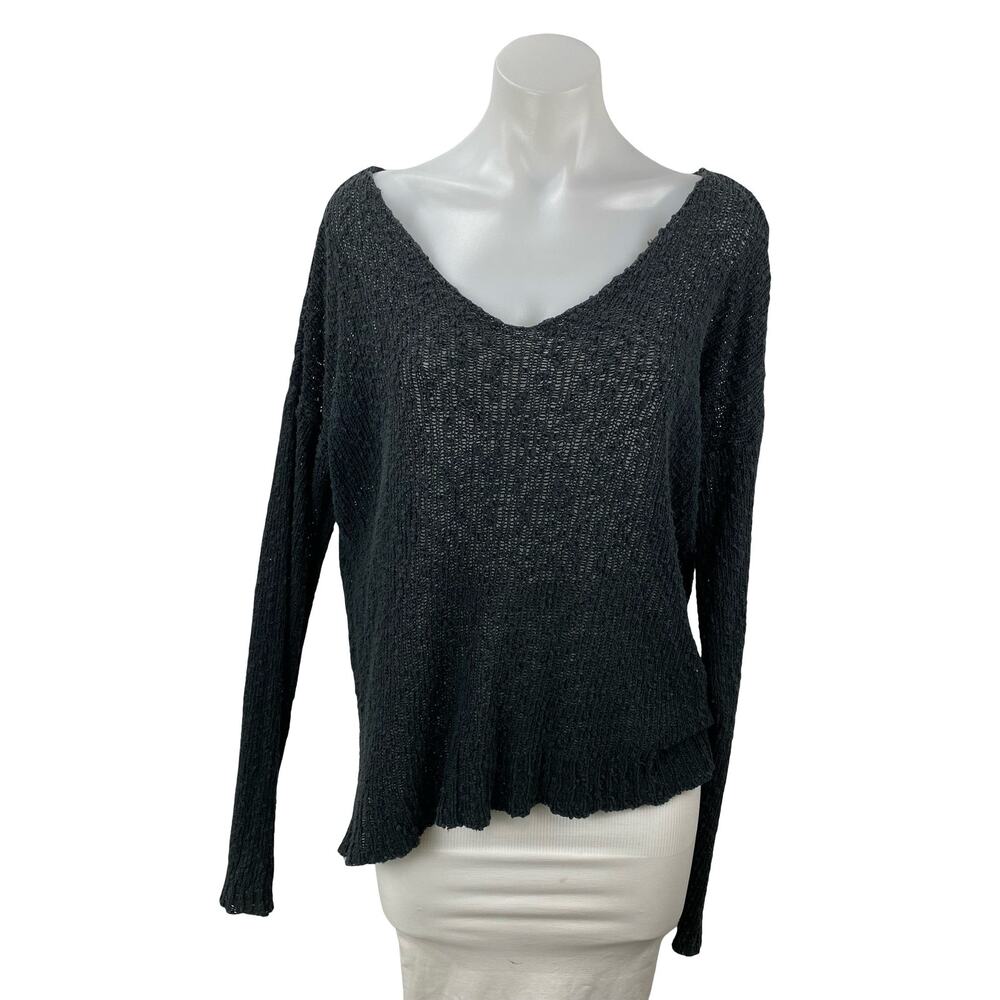 Brandy Melville Women's Black Knit Long Sleeve Deep V Neck Sweater Top Size OS